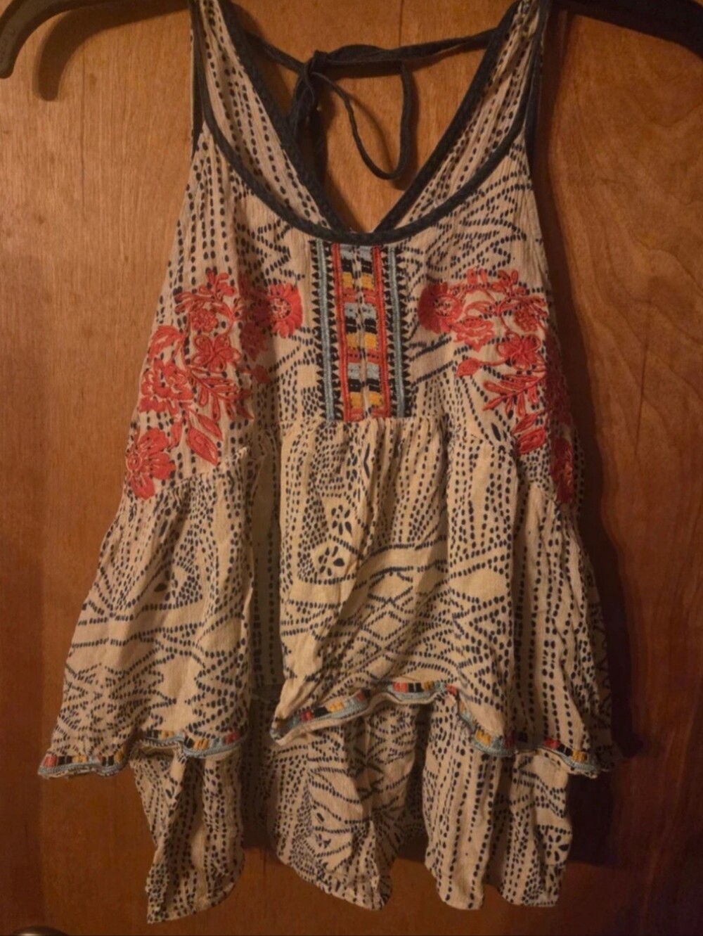 Boho Embroidered Cream and Navy THML Sleeveless Peasant Top